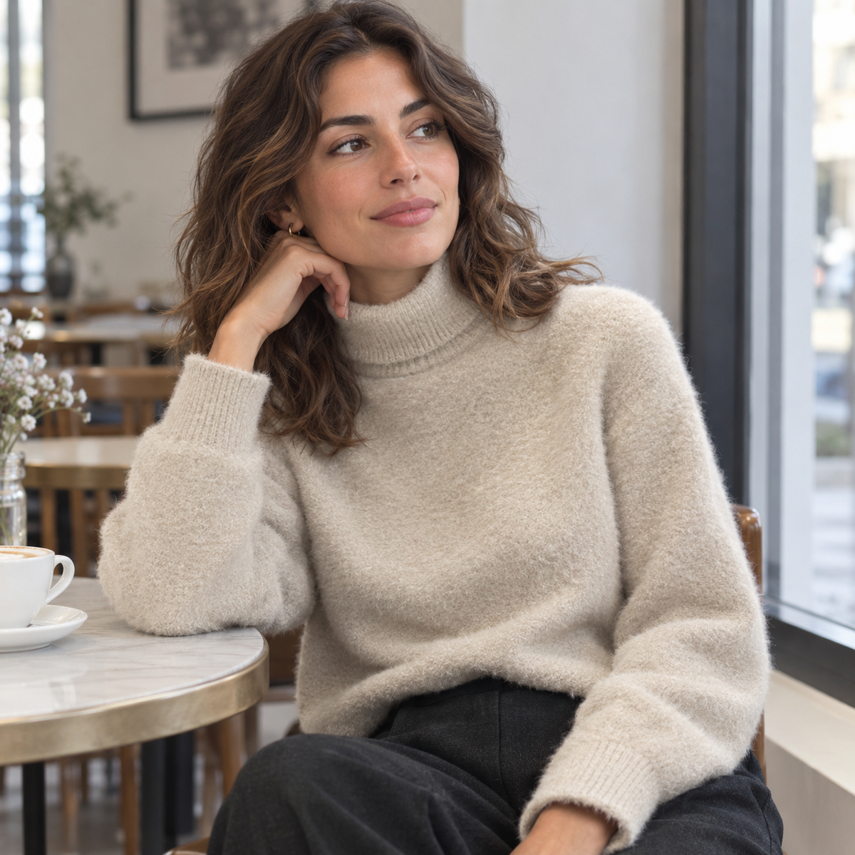 Jersey de cuello alto efecto pelo color albaricoque para mujer