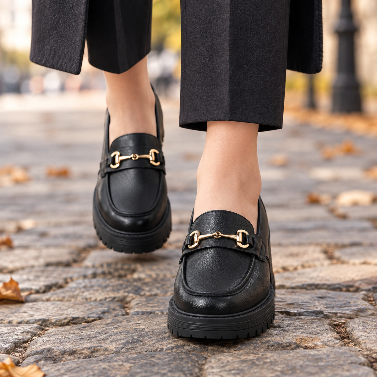 Mocasines con Detalle Metálico Negro - lifestyle calle