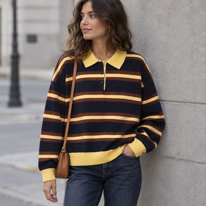 Jersey de rayas cuello polo oversize color amarillo, marino y marrón para mujer