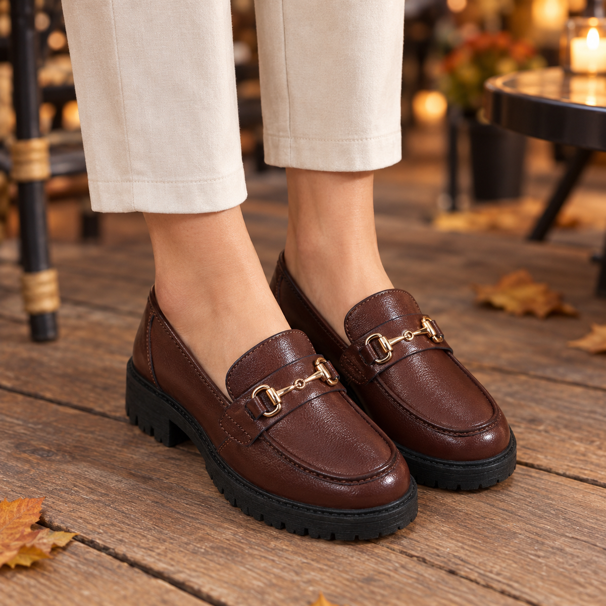 Mocasines con Detalle Metálico Marrón - lifestyle terraza
