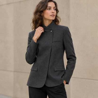 Blazer asimétrico gris oscuro para mujer, cuello alto asimétrico