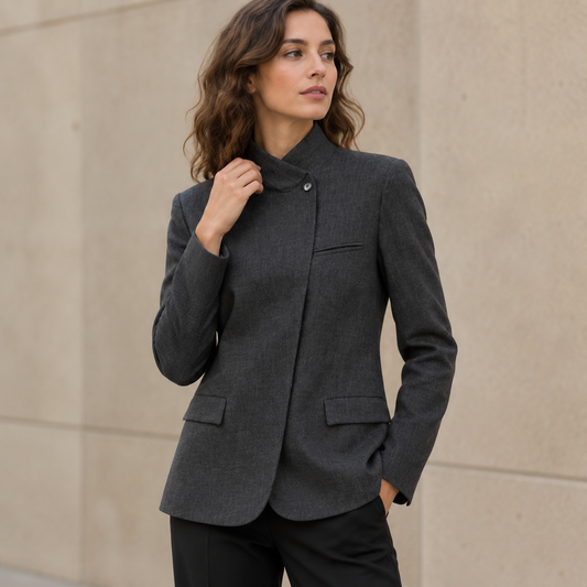 Blazer asimétrico gris oscuro para mujer, cuello alto asimétrico
