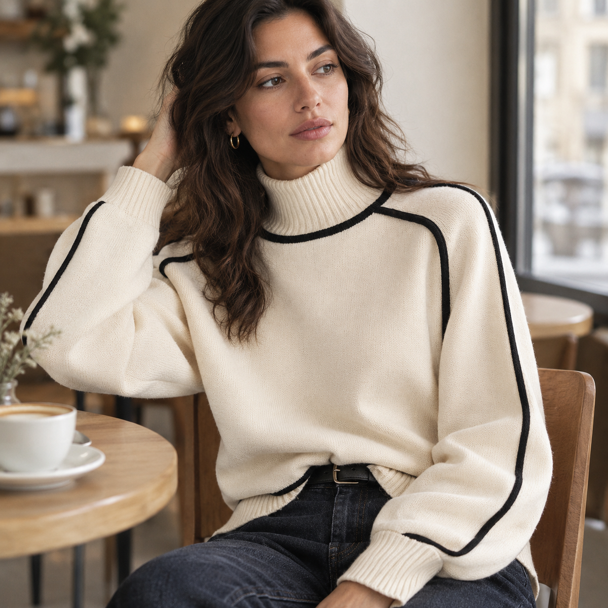 Jersey cuello alto bicolor con ribete color blanco roto para mujer
