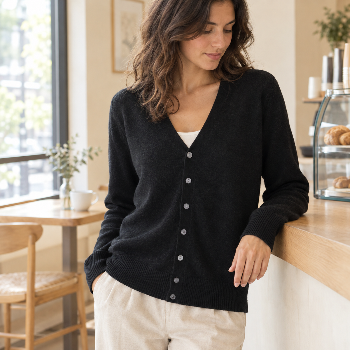 Cárdigan cashmere cuello V holgado - Negro