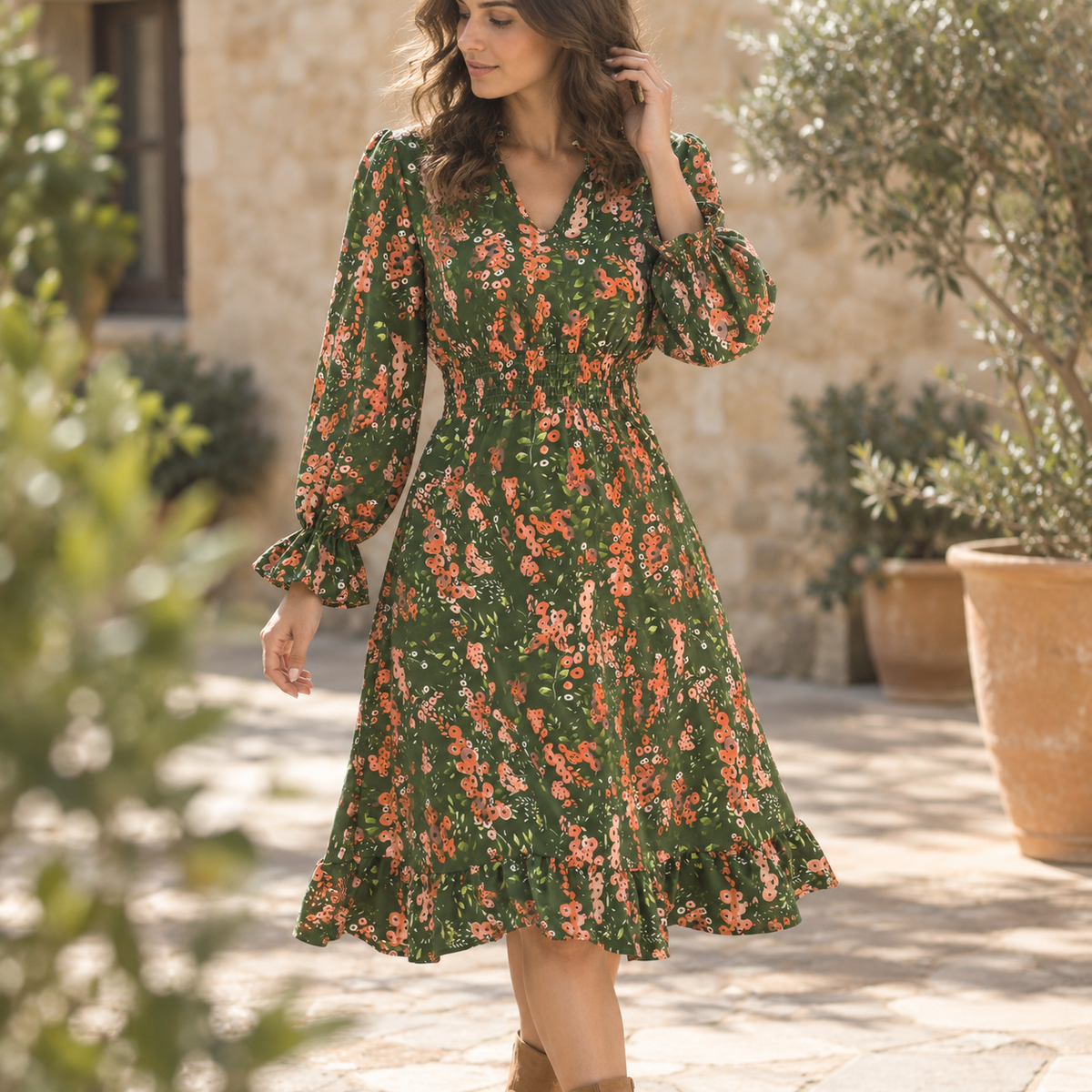 Vestido Midi Fruncido Verde