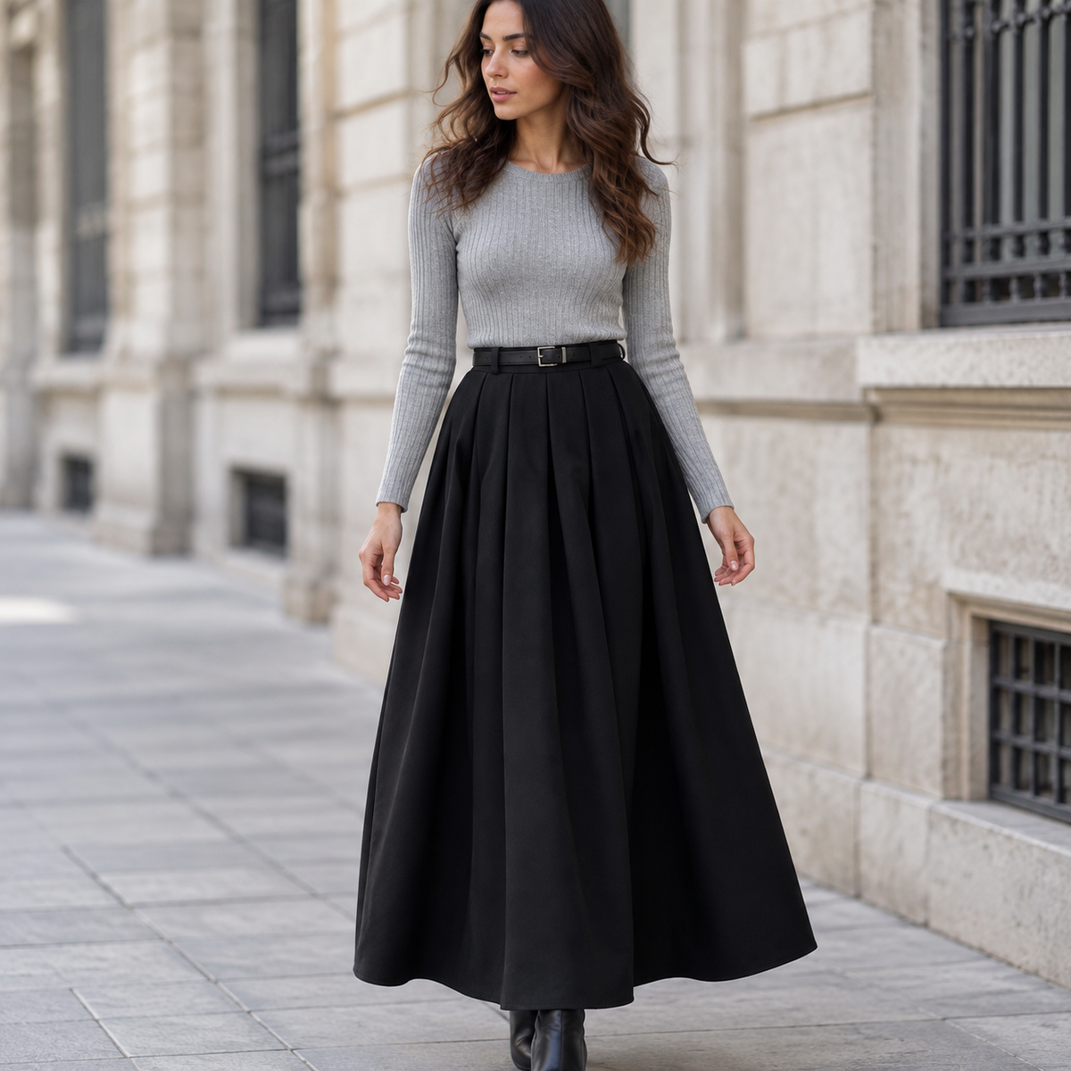 Falda Midi Plisada Coreana Negro