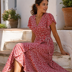 Vestido largo floral cruzado rojo en terraza mediterránea