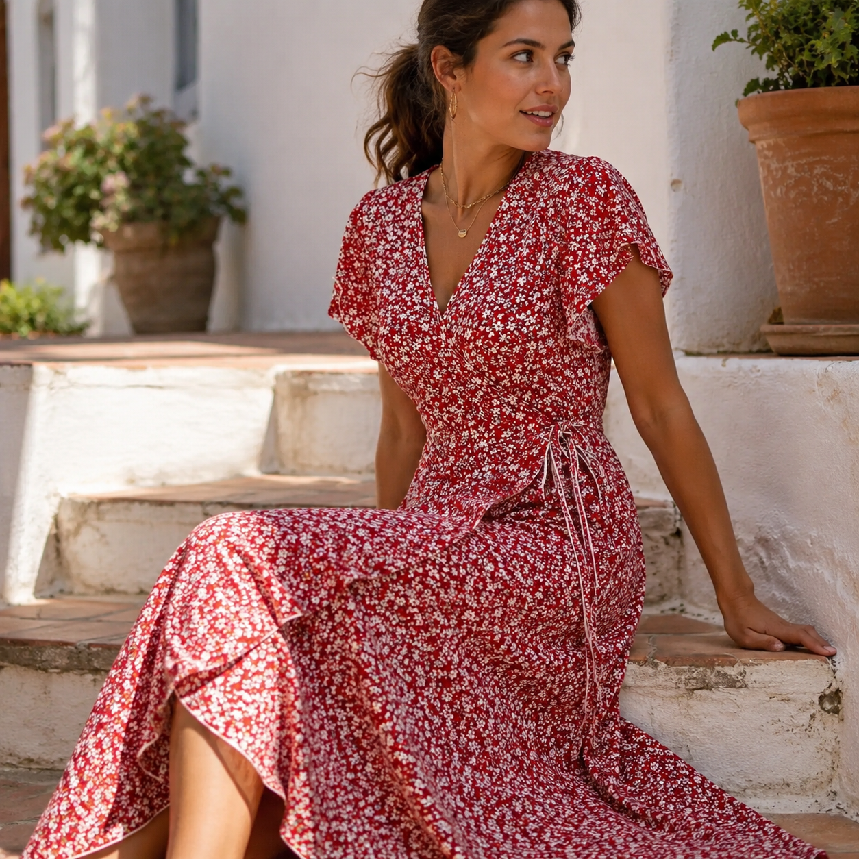 Vestido largo floral cruzado rojo en terraza mediterránea