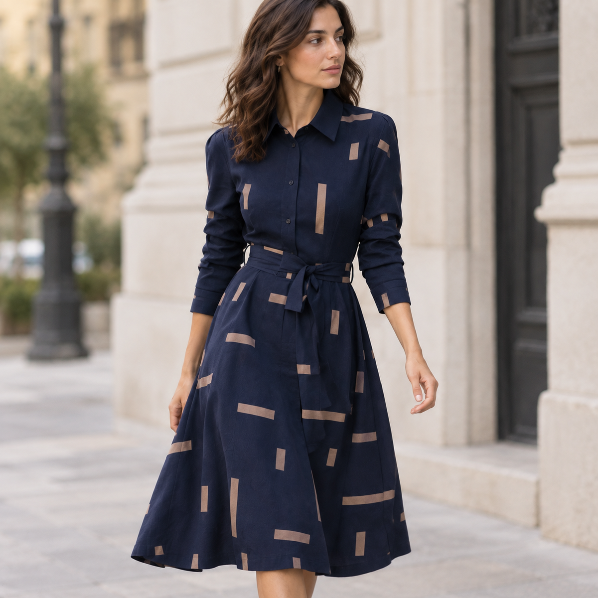Vestido camisero midi geométrico Azul marino, secundaria lifestyle caminando