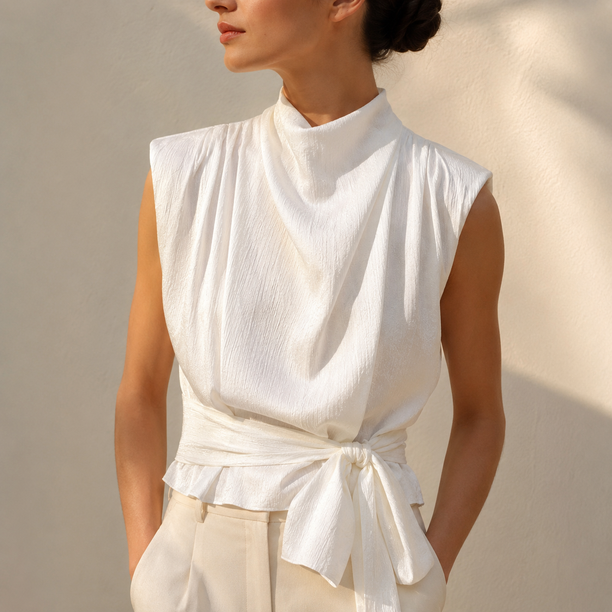 Top de satén blanco, detalle del cuello drapeado y el lazo