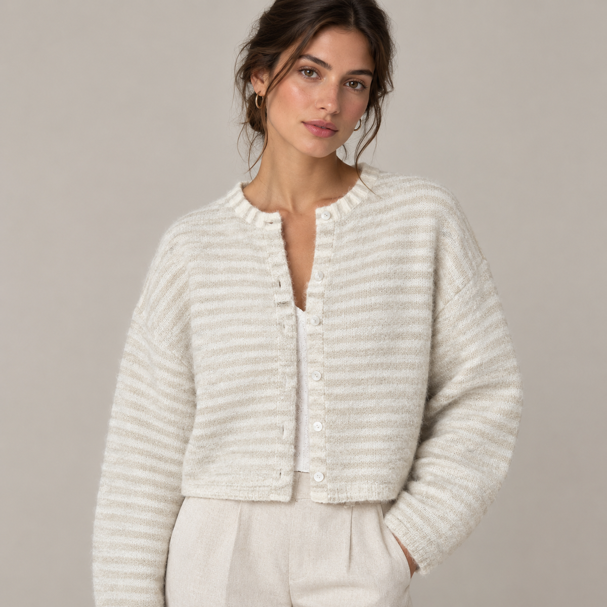 Cárdigan oversize corto crudo rayas v2