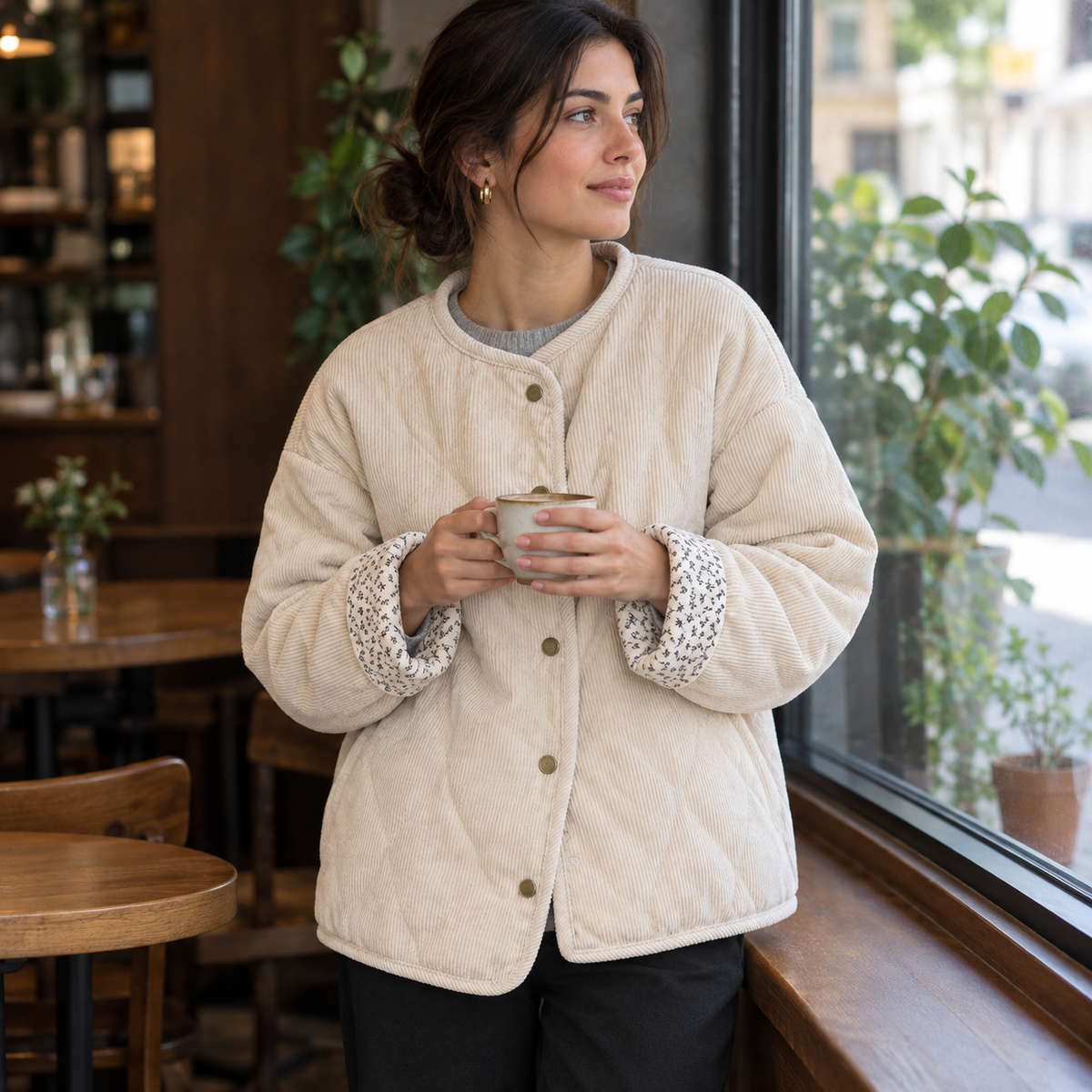 Cazadora acolchada beige para mujer con forro de flores