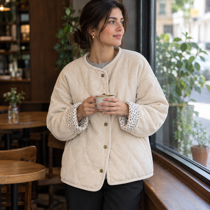Cazadora acolchada beige para mujer con forro de flores