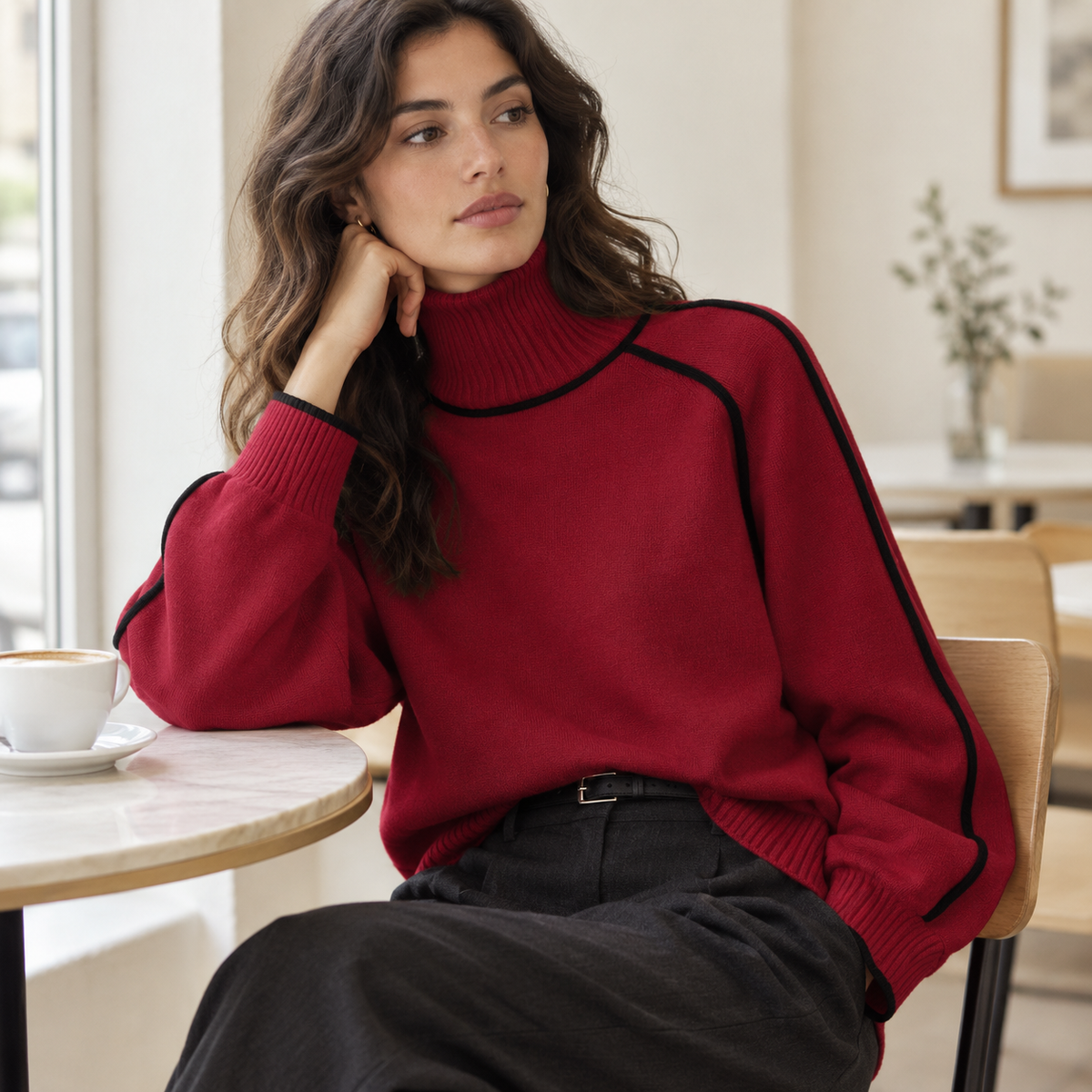 Jersey cuello alto bicolor con ribete color rojo para mujer