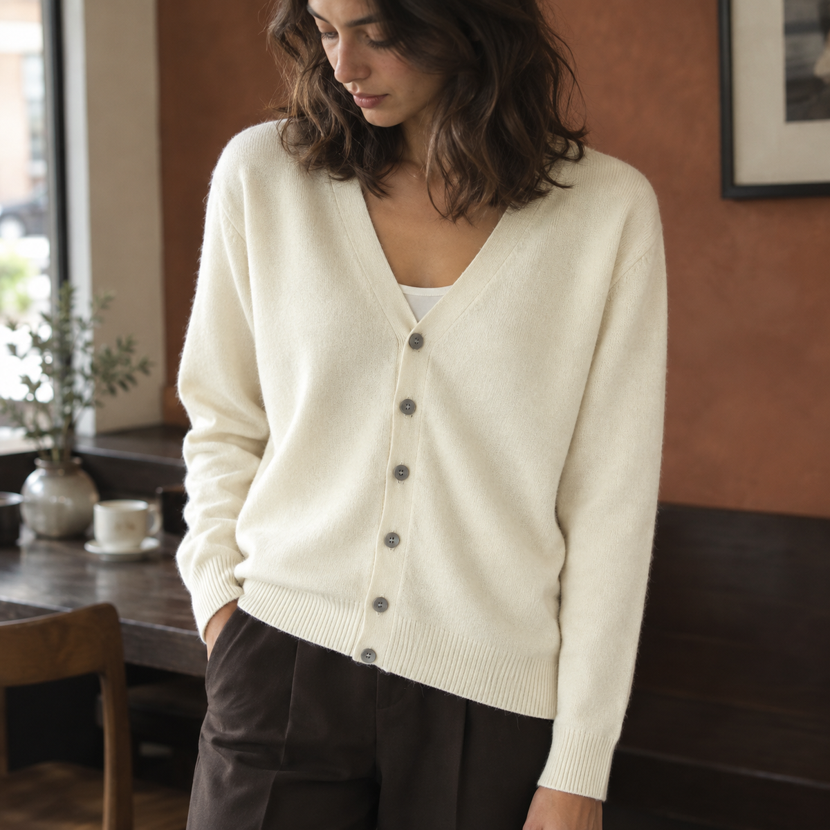 Cárdigan cashmere cuello V holgado - Beige