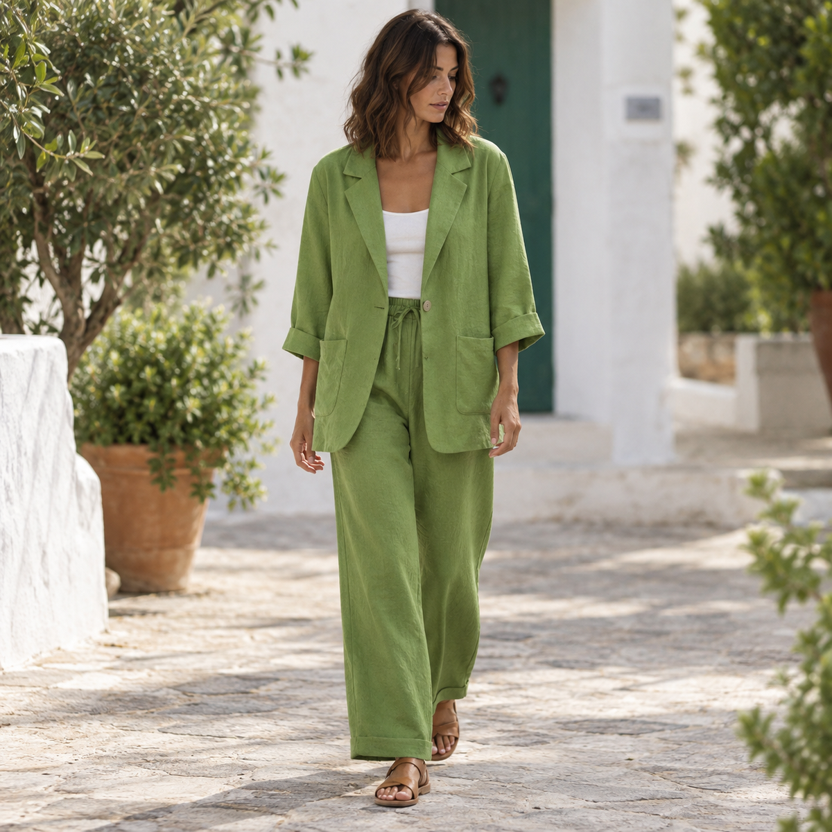Conjunto Blazer y Pantalón de Lino Verde