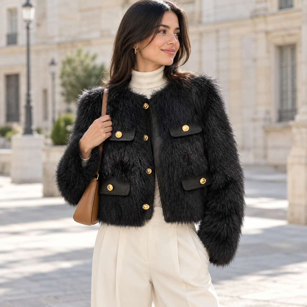 Chaqueta de pelo negra con botones dorados