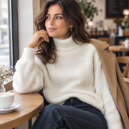 Jersey de cuello alto efecto pelo color blanco para mujer