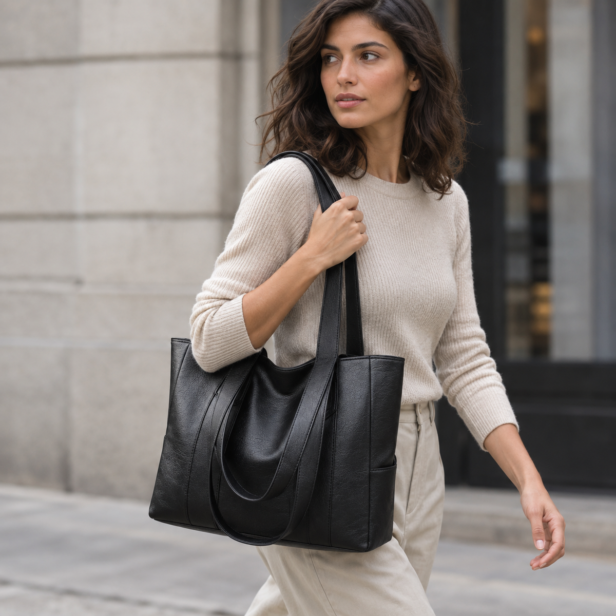 Bolso shopper grande negro, secundaria lifestyle llevado al hombro en calle