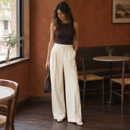 Pantalón recto vintage cintura alta - Beige