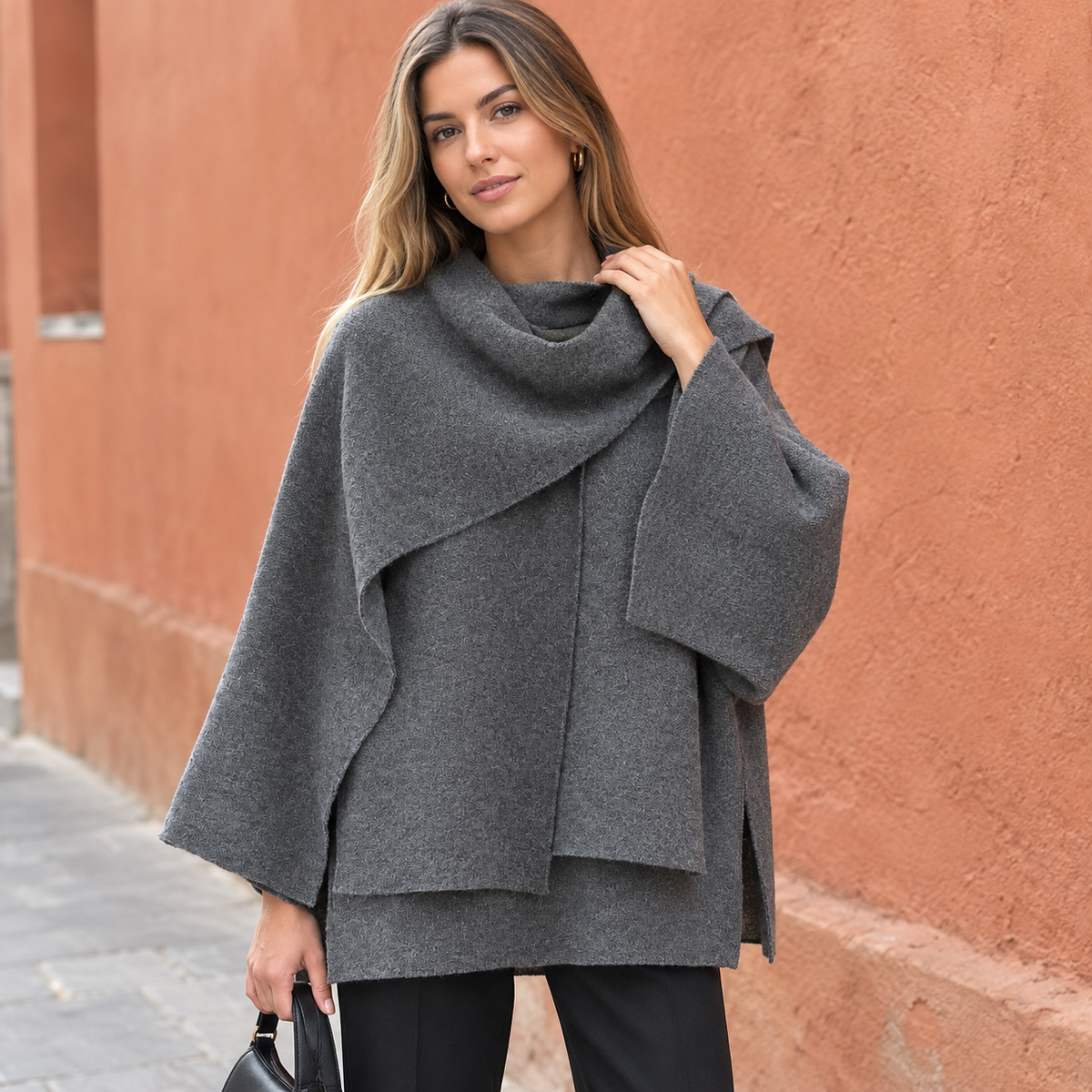 Poncho de punto mujer gris