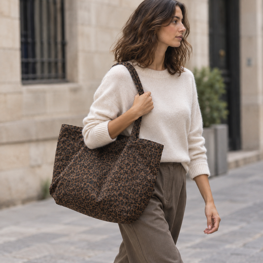 Bolso bandolera de leopardo marrón oscuro, secundaria lifestyle llevado en calle