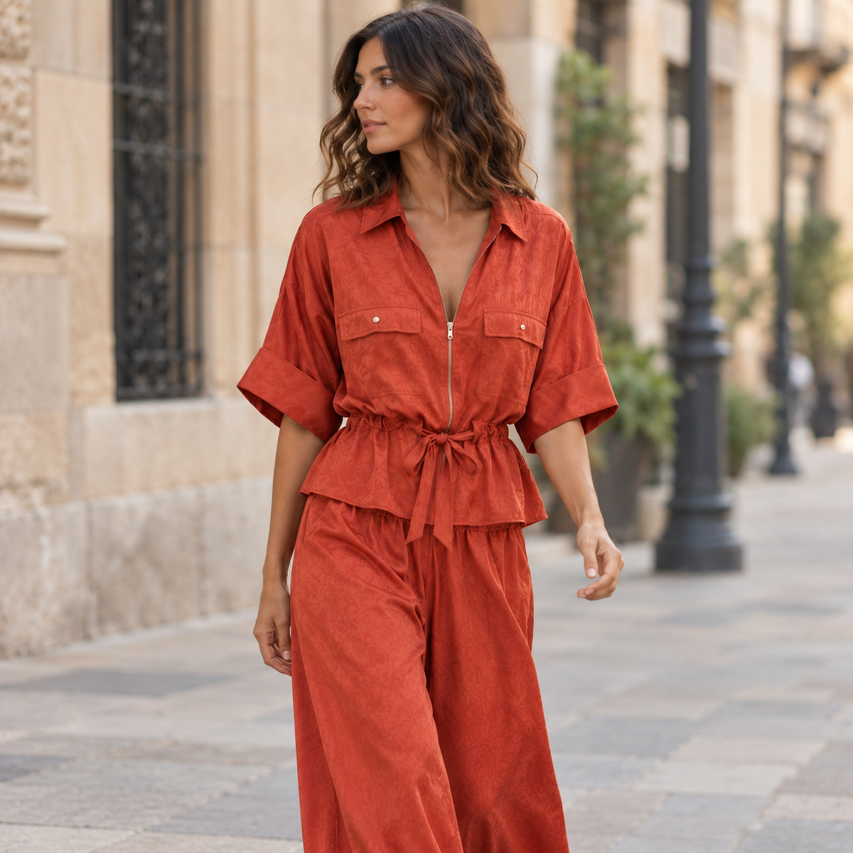 Conjunto camisa y pantalón saten Rojo, secundaria lifestyle caminando