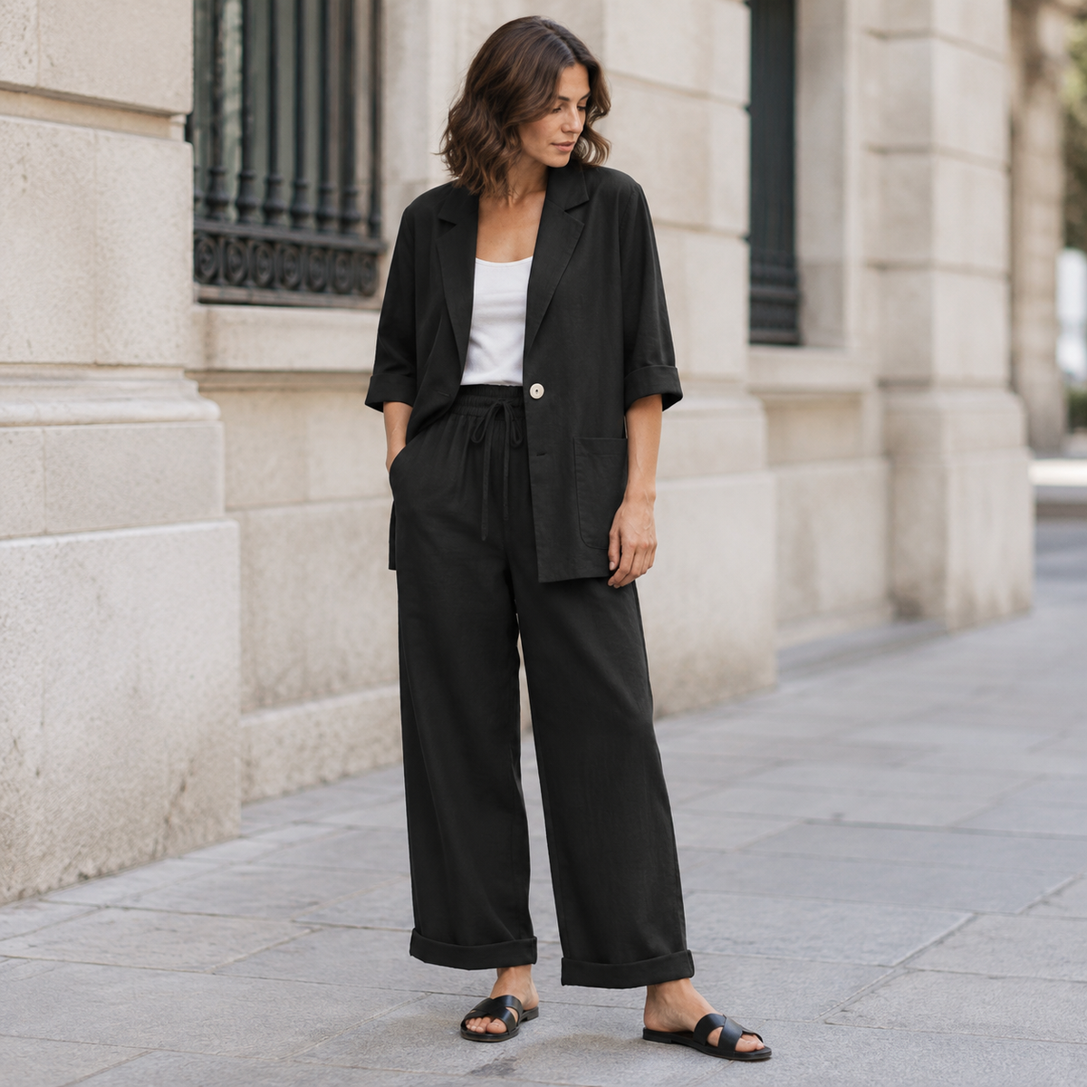 Conjunto Blazer y Pantalón de Lino Negro