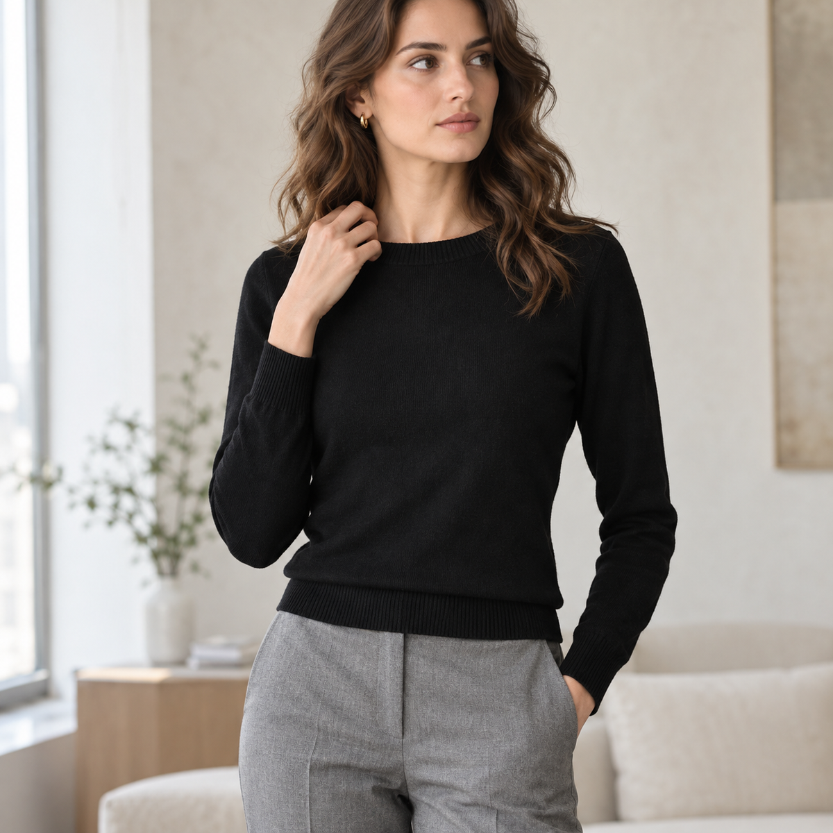 Jersey Cuello Redondo Cashmere color Negro