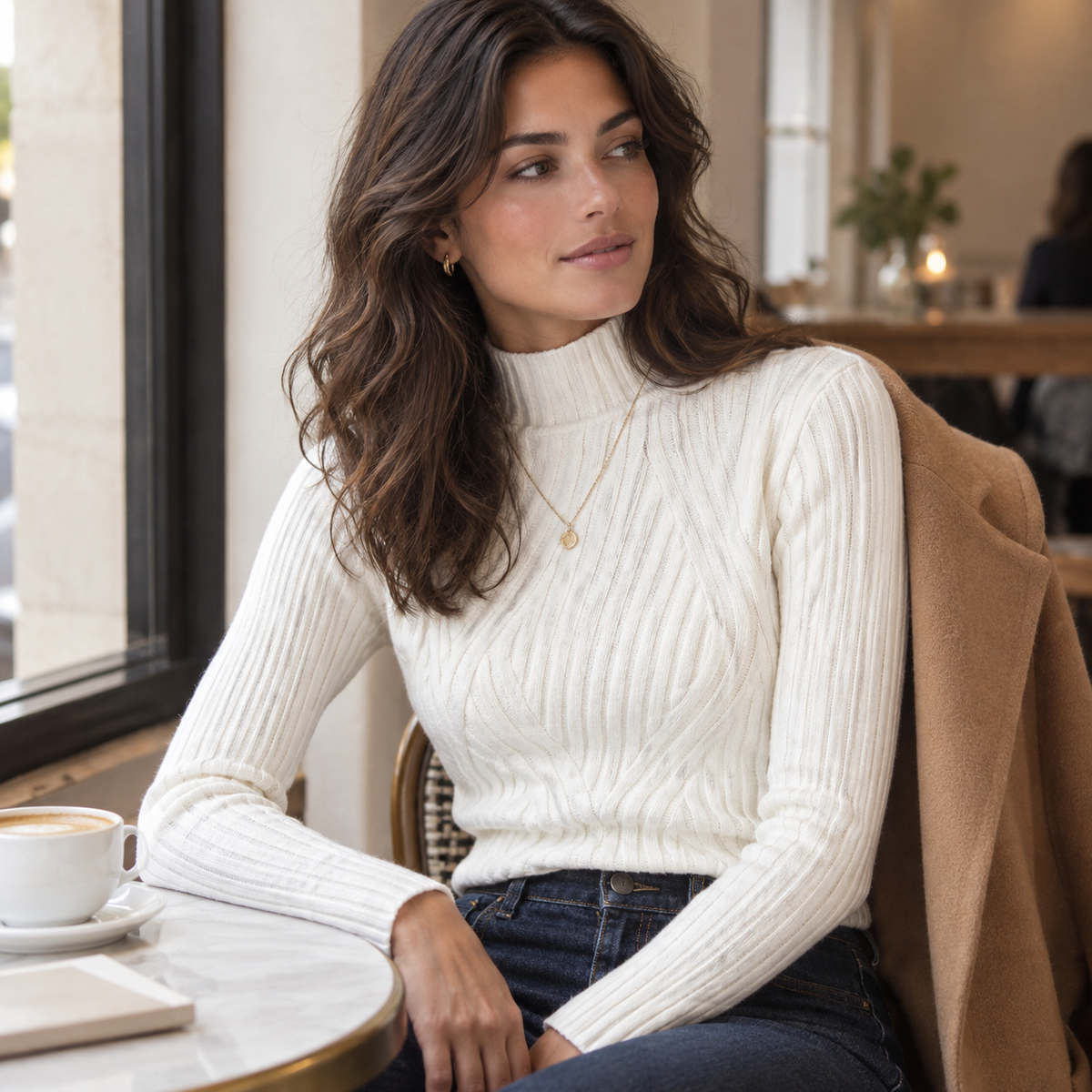 Jersey cuello alto punto slim fit color blanco para mujer