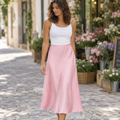 Falda Satinada Midi Rosa