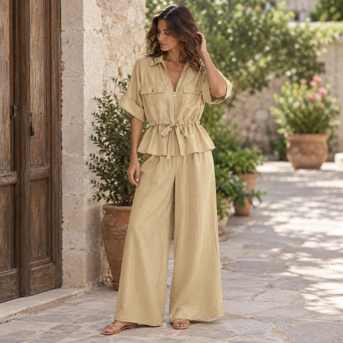 Conjunto Camisa y Pantalón Satén Beige