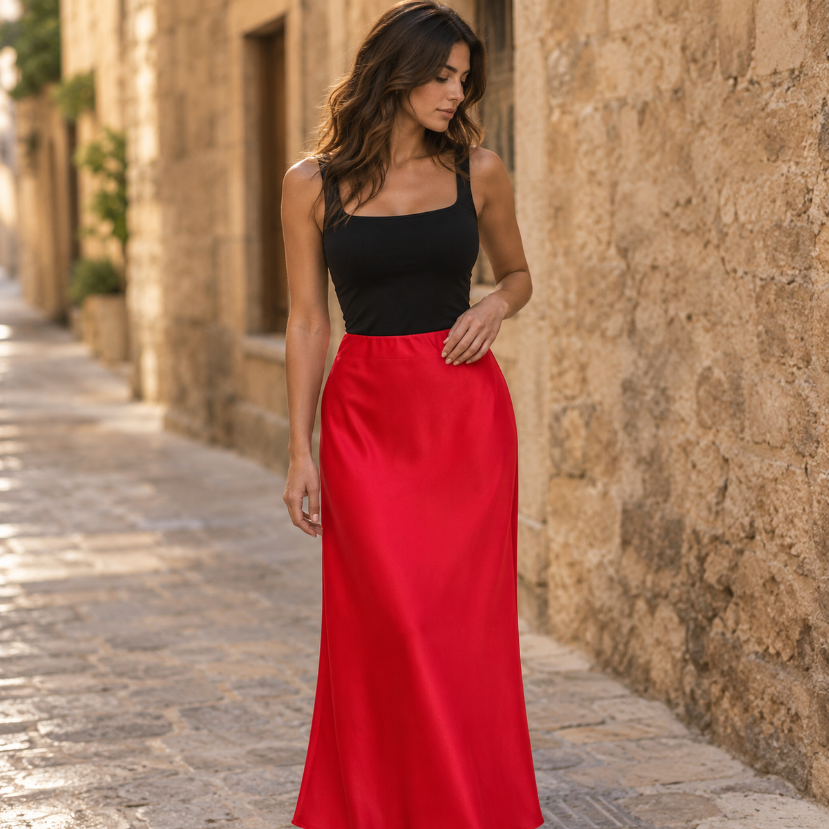 Falda Larga Satinada Rojo
