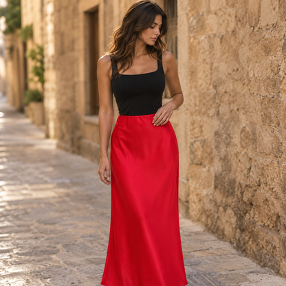 Falda Larga Satinada Rojo