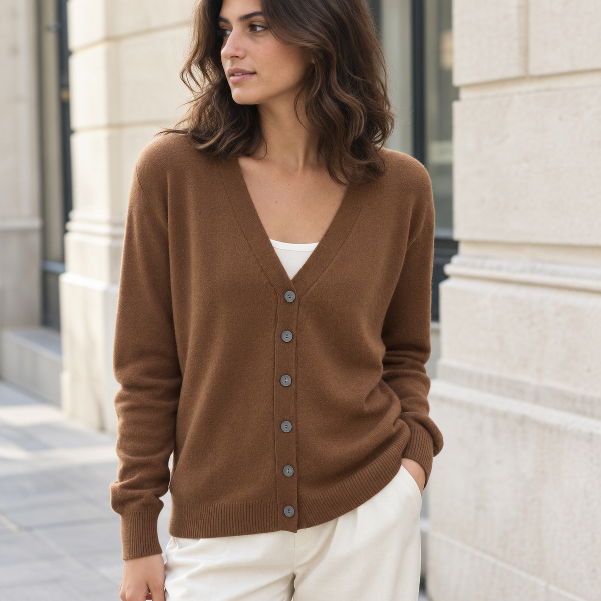 Cárdigan cashmere cuello V holgado - Marrón café