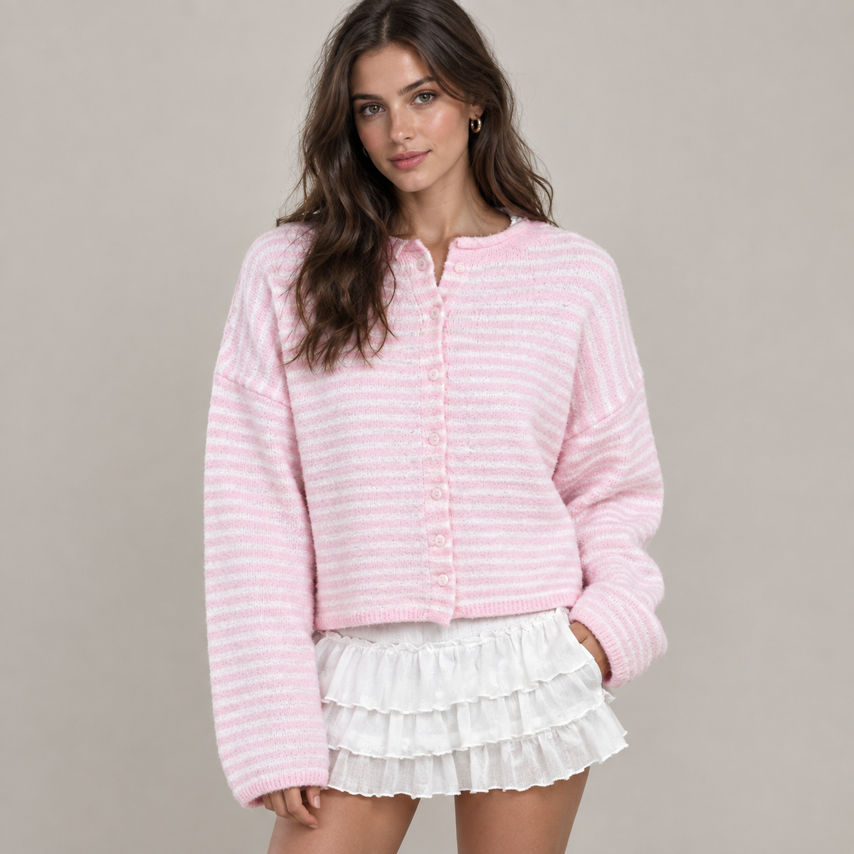 Cárdigan oversize corto rosa rayas blancas v2