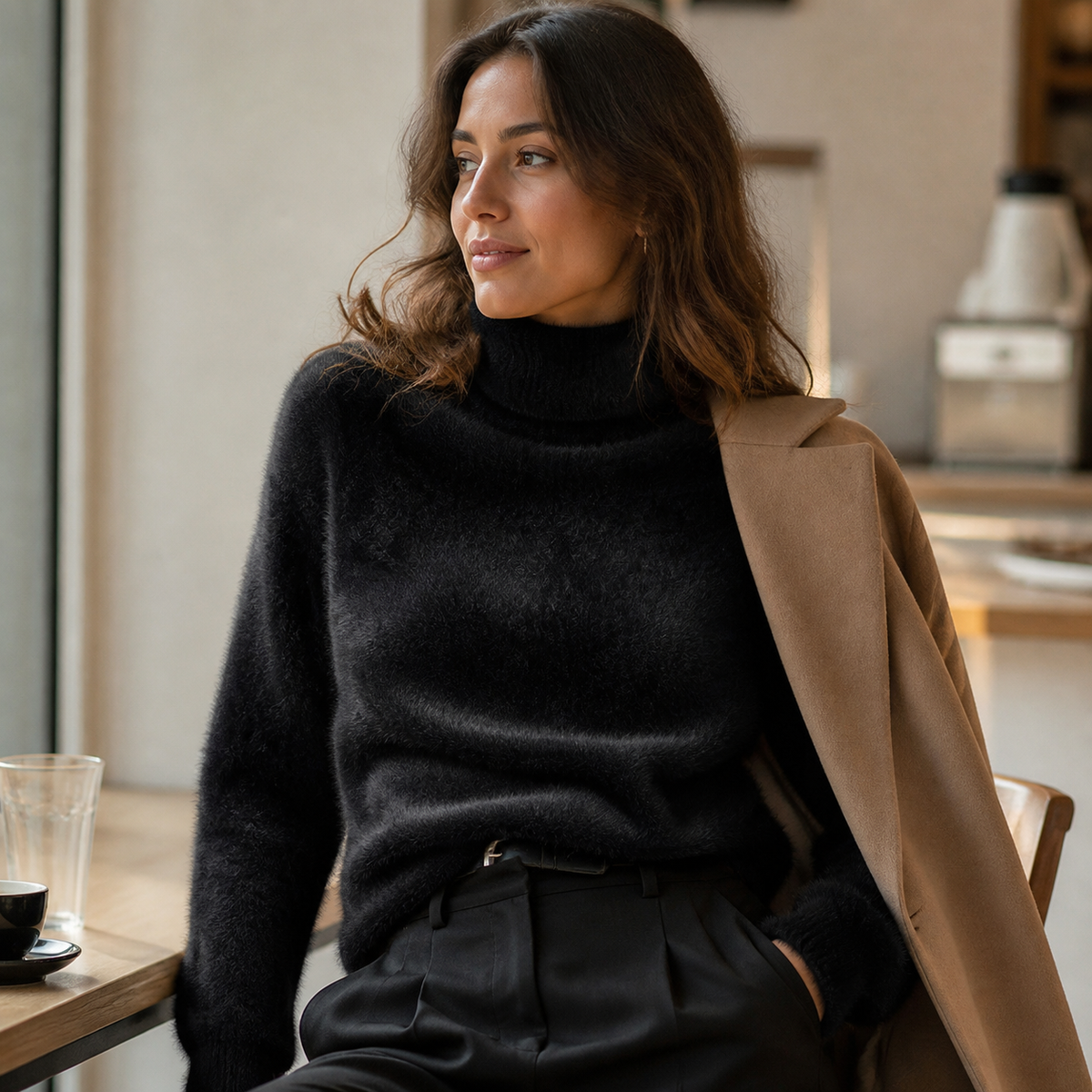 Jersey de cuello alto efecto pelo color negro para mujer