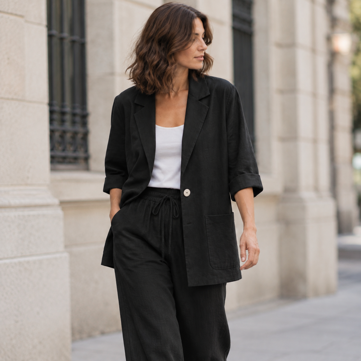 Conjunto blazer y pantalón de lino Negro, secundaria lifestyle caminando