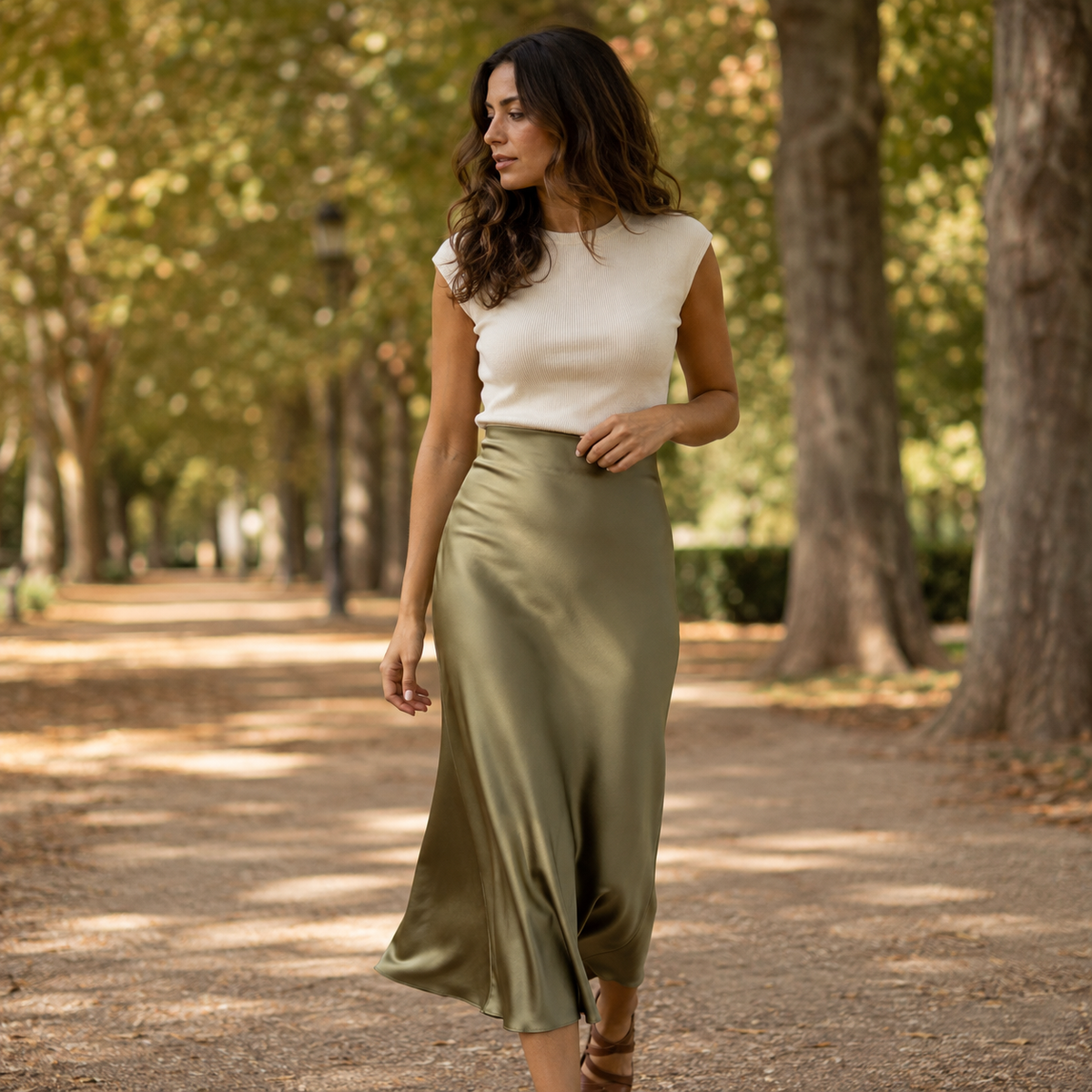 Falda Satinada Midi Verde militar