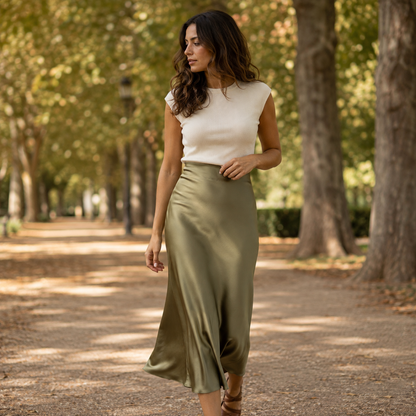 Falda Satinada Midi Verde militar