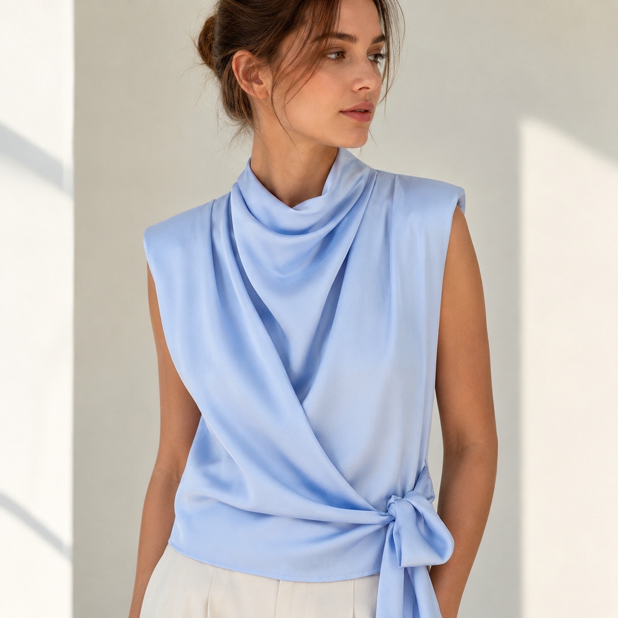 Top de satén azul claro, detalle del cuello drapeado y el lazo