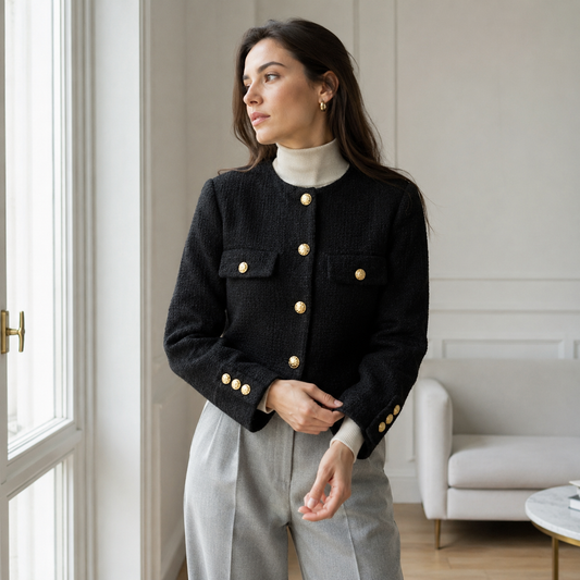 Chaqueta tweed negra de invierno para mujer con botones dorados