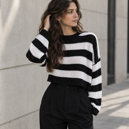 Jersey Crop de Rayas Blanco Negro