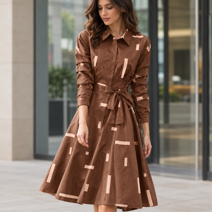 Vestido Camisero Midi Geométrico Marrón