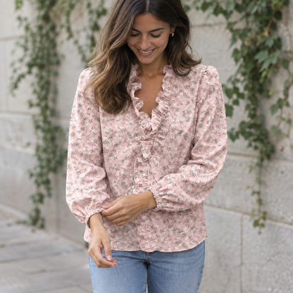 Blusa de volantes rosa estampada de flores