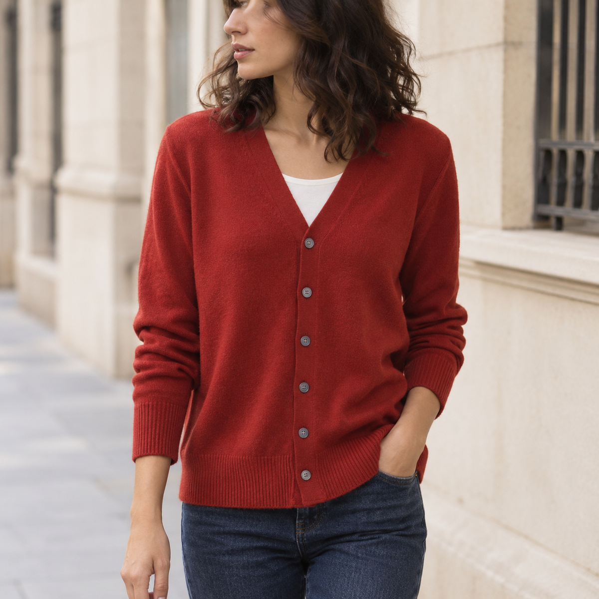 Cárdigan cashmere cuello V holgado - Rojo óxido