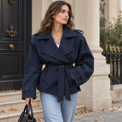 Gabardina cruzada corta en azul marino, foto lifestyle