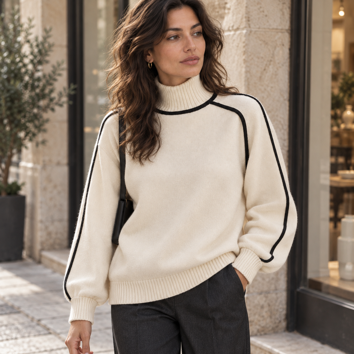 Jersey cuello alto bicolor con ribete blanco roto en foto lifestyle secundaria