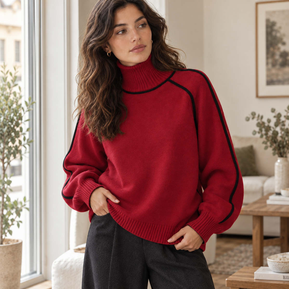 Jersey cuello alto bicolor con ribete rojo en foto lifestyle secundaria