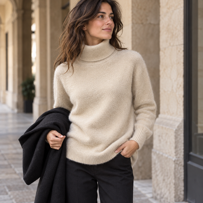 Jersey de cuello alto efecto pelo color albaricoque en foto lifestyle secundaria